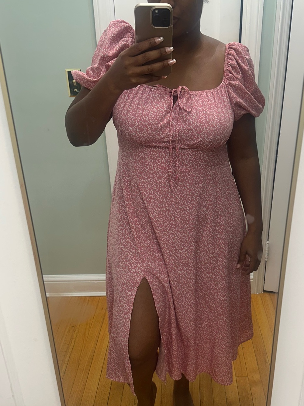 SHEIN Dusty Pink Floral Puff-Sleeve Midi Dress with Front Slit